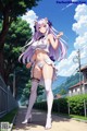 Anime girl with long purple hair walking down a sidewalk.