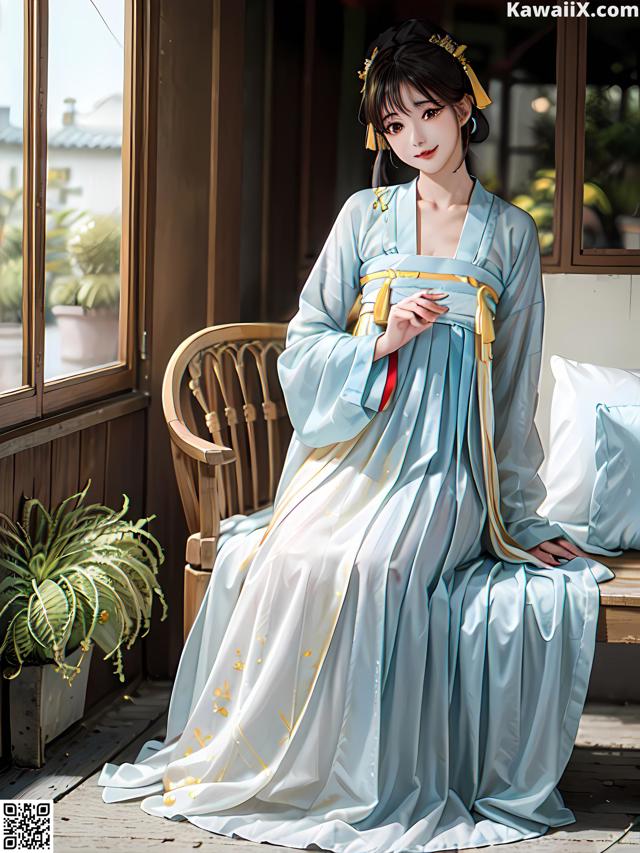 A woman in a blue and white dress sitting on a wooden bench.