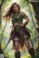 A woman in a green top and black shorts holding a sword.