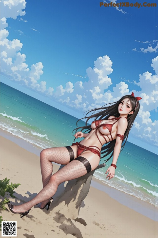 A woman in a bikini sitting on a rock on the beach.