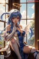 Anime girl with blue hair sitting on a window sill.