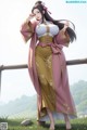 A woman in a pink and gold kimono standing on a fence.